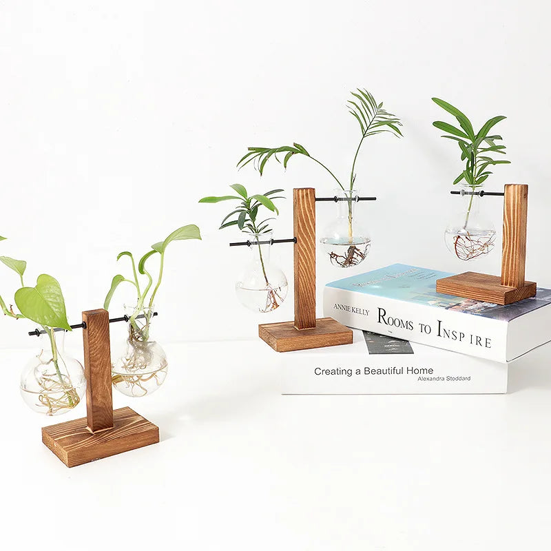 Naturiva Design Glasvase mit Holzrahmen | Für Schnittblumen & Hydrokultur | Skandinavischer Stil | 3-teiliges Set