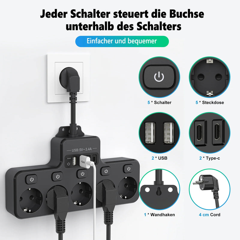 Voltaro Pro 9-in-1 | Steckdosenleiste EU | 5 AC Steckplätze + 4 USB (2× Typ-C) | Einzelschalter | 16A | Kurz-Kabel 10 cm
