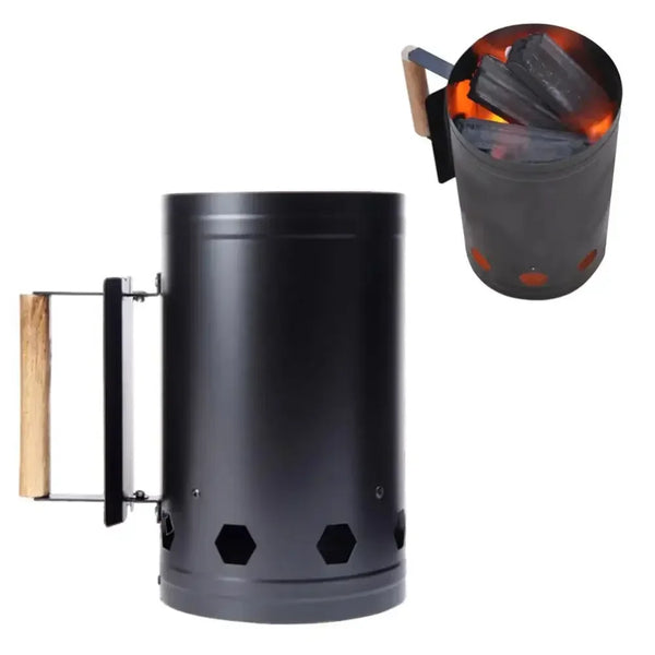 Flamoro Tragbarer Holzkohleofen aus Edelstahl | Mit hitzebeständigem Holzgriff | 27,5 × 16,5 cm | Für Outdoor, Camping & Picknick
