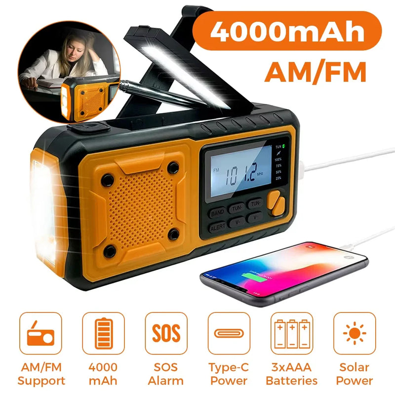 Notfallradio ResQWave Solar 4000 | 4-in-1 Stromversorgung | 4000 mAh Akku, Solar, Handkurbel & USB-C | SOS-Alarm, LED-Licht & Powerbank