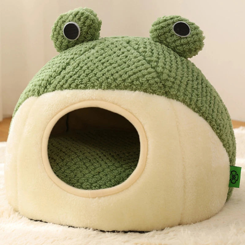 Haustierhöhle FroggiHome | Kuscheliges Frosch-Design | Halbgeschlossen & Rund | 40–50 cm | Für Katzen & kleine Hunde