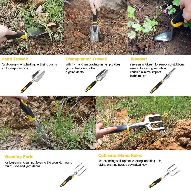 TerraForte Tools Gartenwerkzeug Set 5-tlg. | Ergonomisch & Rostfrei | Mit Handschuhen & Tiefenskala | Edelstahl