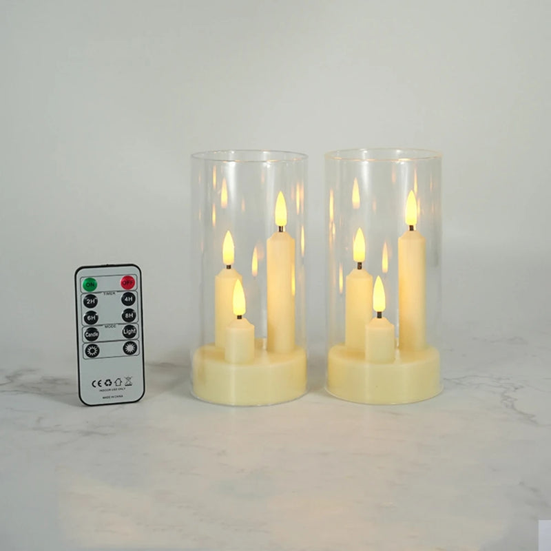 LumièreTrio LED-Stumpenkerze mit 3 Dochten | 7,5 × 15 cm | Fernbedienung & Timer | Flackerndes Warmlicht | Acryl-Design