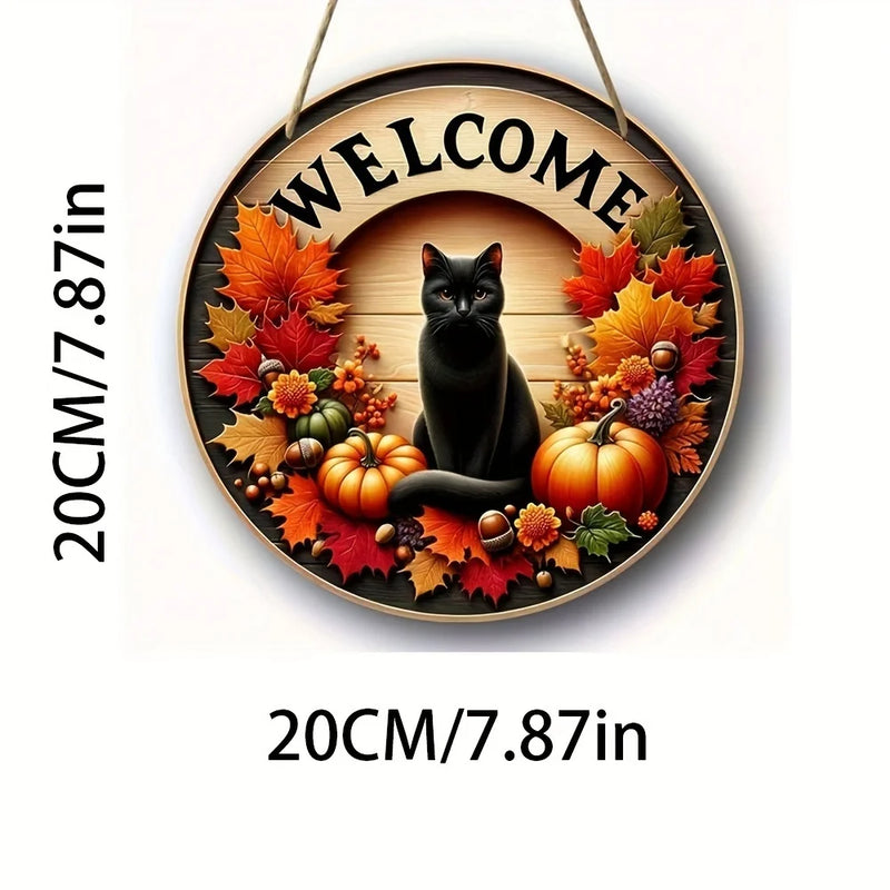 Autumna Herbst Willkommensschild | Rund 20 cm | Schwarze Katze & Kürbis | Tür- & Eingang Deko