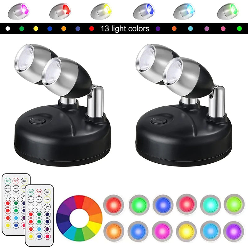 LumiFlex Spotlights | 2er Set Kabellose LED Spotlights mit Fernbedienung | RGB Farbwechsel & Timer | Drehbar für Bilder, Schränke & Wände