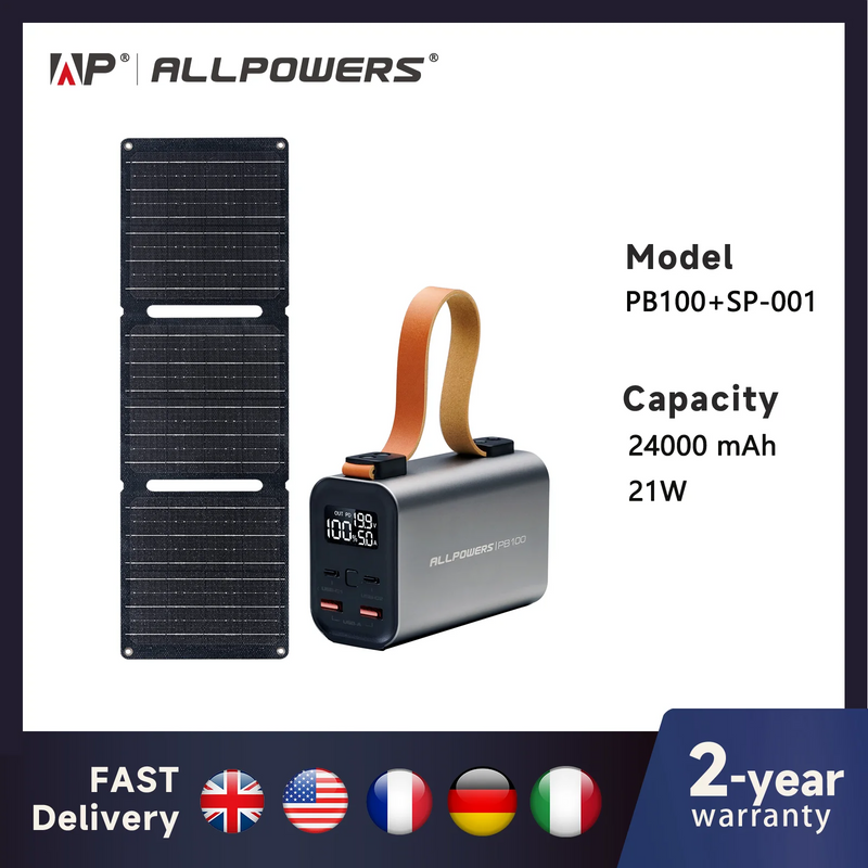 Solar Powerbank VoltForge PB100 Set | 24.000mAh | 100W Schnellladung | Faltbares 21W Solarpanel | Für Laptop, Smartphone & Outdoor
