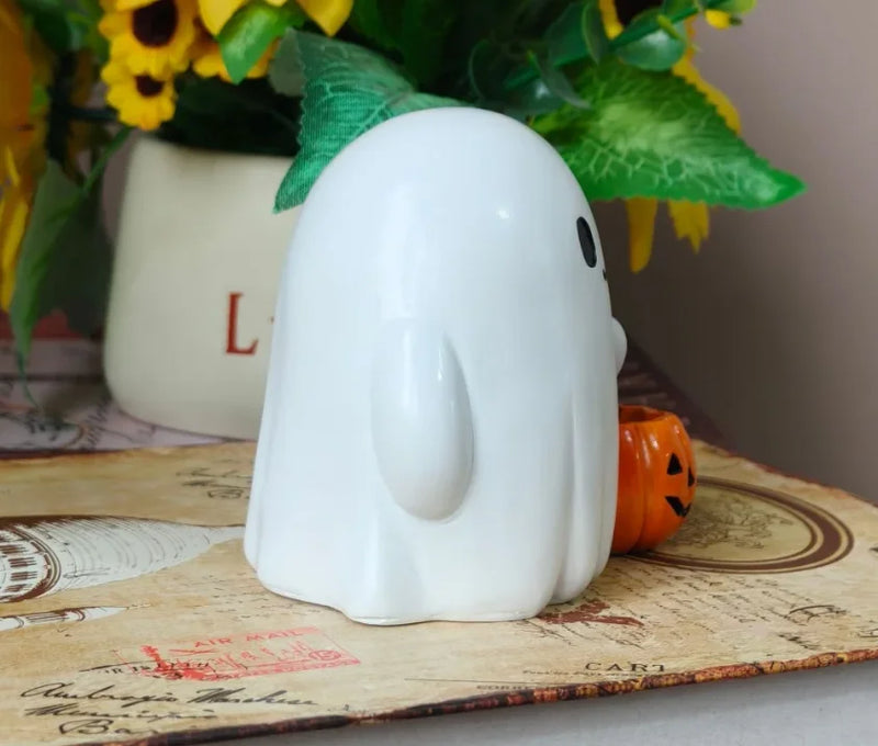 PumpkiBoo Dekofigur | Halloween Geist mit Kürbis | Harz Ornament | Für LED-Teelichter geeignet