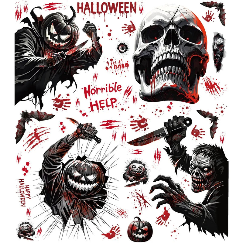 Fensteraufkleber HorrorPumpkins | Halloween Sticker Set | Kürbis, Schädel, Blut-Handabdrücke & Fledermäuse | Wiederverwendbar