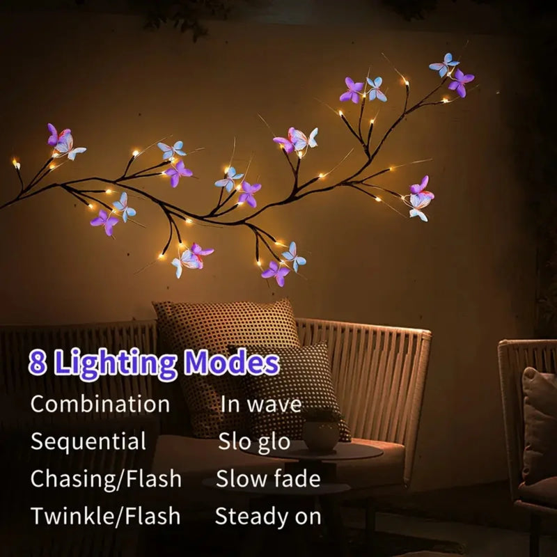 Lichterranke FairyWillow | 30 LED Zauberweide mit Schmetterlingen | USB & 8 Modi | Wasserdicht für Innen & Außen