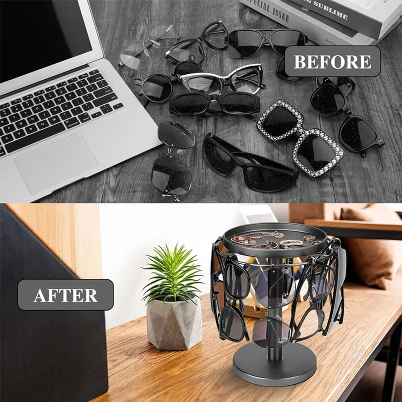 LuxeSpin Drehbarer Sonnenbrillen-Organizer | 360° Rotationsständer mit Schmuckablage | Edelstahl | 20 × 24 × 15 cm