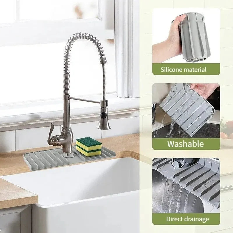 AquaGuard Pad Silikon-Wasserhahnmatte mit Abflussfunktion | Spülbecken-Spritzschutz & Ablage für Spülschwamm & Seife | 37 × 14 × 1,5 cm