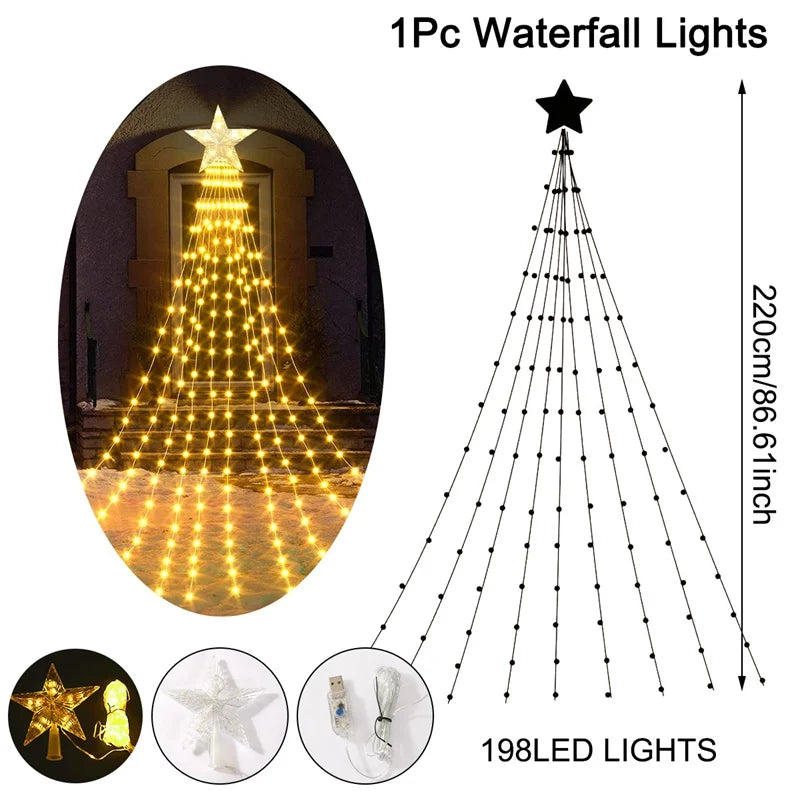 LED Sternen-Wasserfall StellaCascade | 198 LEDs | 2,2 m | Warmweiß / Weiß / Bunt | USB & Batteriebetrieb | Weihnachts- & Neujahrsdeko