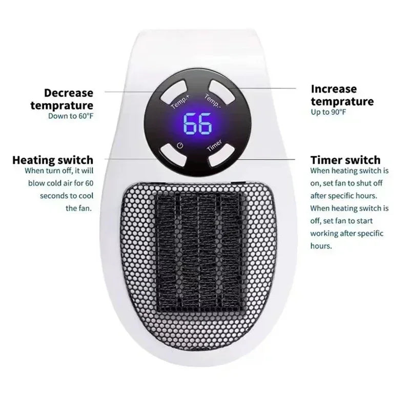 ThermoEase 350W Kompakt-Heizgerät | Wandsteckdosen-Heizung mit Fernbedienung | LED-Display & Timer | 180° Drehstecker
