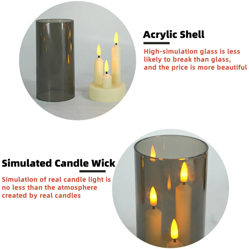 LumièreTrio LED-Stumpenkerze mit 3 Dochten | 7,5 × 15 cm | Fernbedienung & Timer | Flackerndes Warmlicht | Acryl-Design