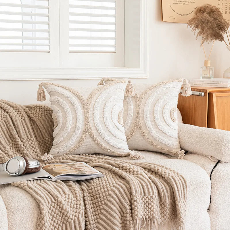 BohoLoom Kissenhülle | 45x45 cm | Baumwoll-Mix mit Quasten | Versteckter Reißverschluss