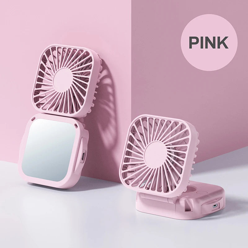Faltbarer Mini-Nackenventilator Coolique MirrorFan | USB Wiederaufladbar | Mit Kosmetikspiegel | 3-Stufen | Leise & Tragbar