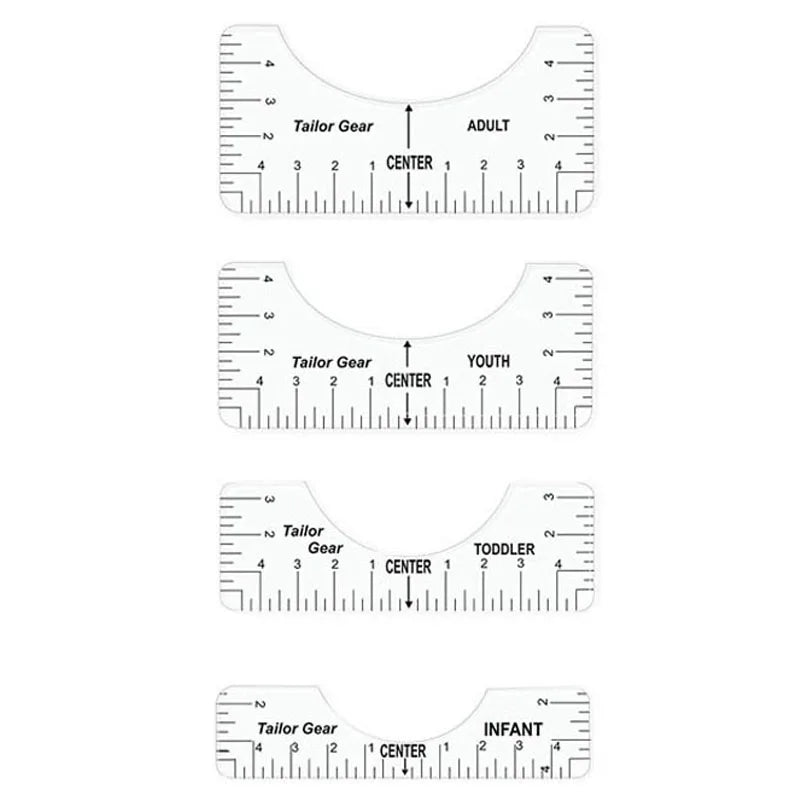 Textilova T-Shirt Ausrichtungslineale im Set | 4/8 Stück | Flexibles PVC-Maßwerkzeug für Textildruck & Näharbeiten | Für Erwachsene & Kindergrößen