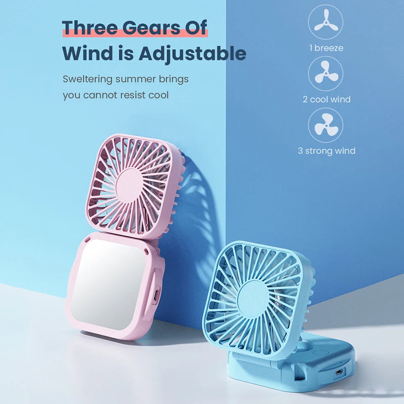 Faltbarer Mini-Nackenventilator Coolique MirrorFan | USB Wiederaufladbar | Mit Kosmetikspiegel | 3-Stufen | Leise & Tragbar