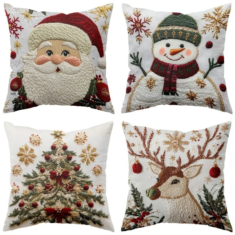 Weihnachtliche Kissenbezüge NordGlanz | Santa, Schneemann, Rentier & Tannenbaum | Hochwertiger Polyester | Waschmaschinenfest