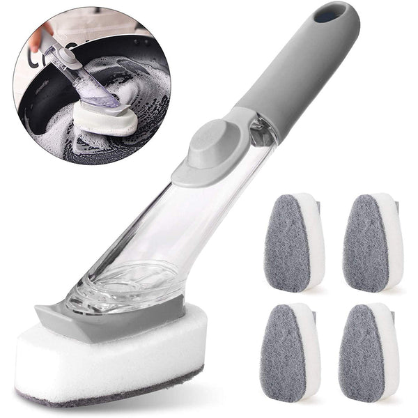 Cleanavo 2-in-1 Spülbürste mit Seifenspender & Wechselkopf | Langer Griff & Schaber | Für Töpfe, Pfannen & Geschirr