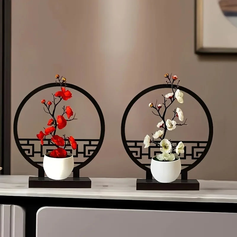 Kunst-Bonsai PlumElegance | Pflaumenblüten-Design | Mit dekorativem Paravent-Sockel | 32 cm Tischdeko