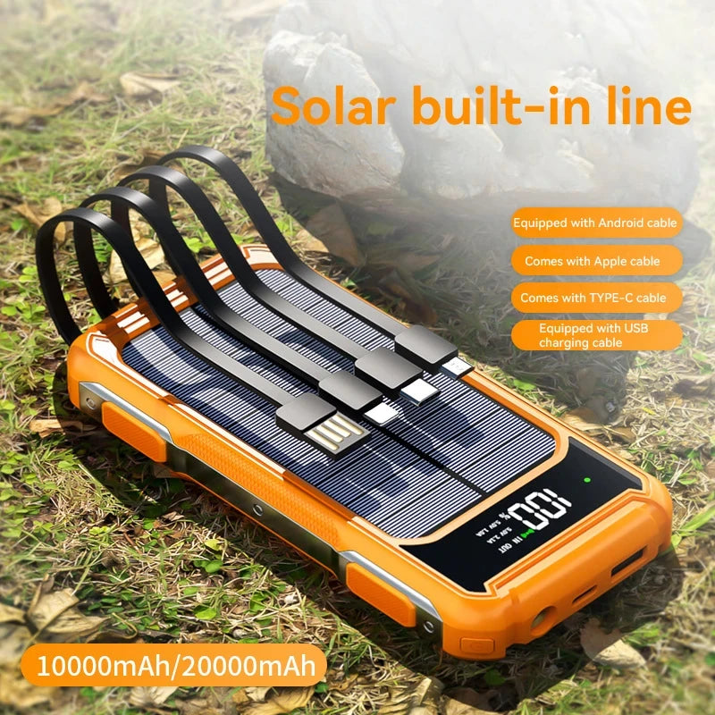 Solar Powerbank Voltora 200K | 200.000mAh | 4-in-1 Kabel | Schnellladung & Notfall-LED | Für iPhone & Samsung