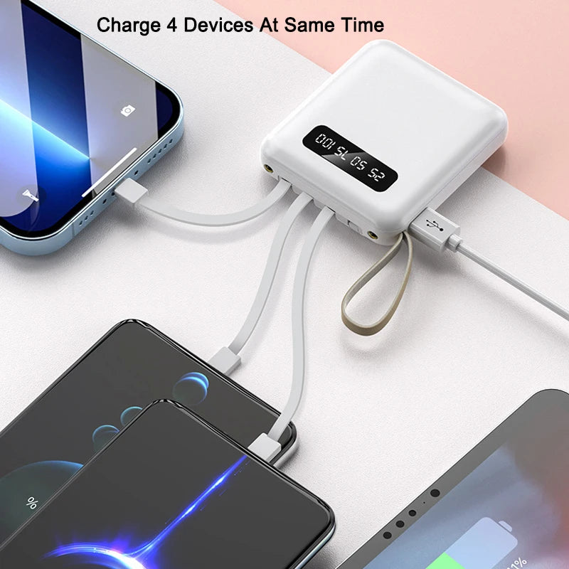 Mini-Powerbank mit Spiegel-Display | 20.000 mAh | Schnellladefunktion & integrierte Kabel | Für iPhone, Samsung, Xiaomi & mehr