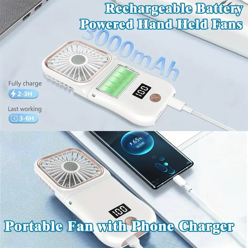 Airlio Faltbarer USB-Ventilator 3000mAh | 4-Stufen Luftkühler | Hand-, Tisch- & Halsventilator | Powerbank-Funktion | 180° Drehbar