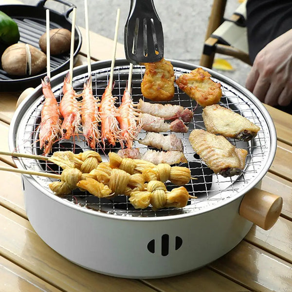 Kyoonori Koreanischer Holzkohlegrill rund | Tragbarer BBQ-Ofen aus Eisen | 32 × 10 cm | Antihaft-Grillrost | Für Camping & Outdoor