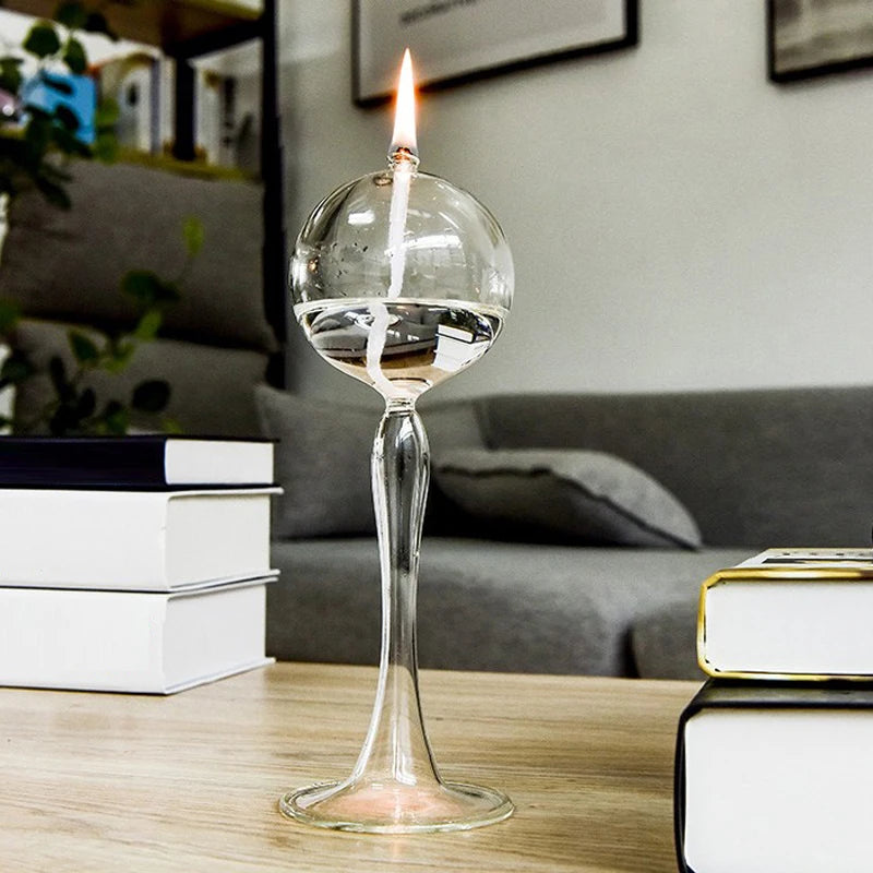VetroLuce Öllampe | Kugelform mit hohem Fuß | Borosilikatglas Transparent | 21–25,5 cm