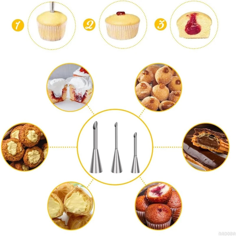 BackMeister Pro Edelstahl Spritztüllen Set 3-teilig | Lange Tülle für Windbeutel & Füllcreme | Backzubehör für Kuchen, Cupcakes & Patisserie