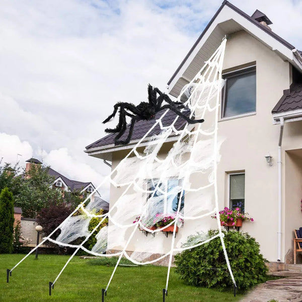 CreepyWeb XXL Spinnennetz | Dreieckig | 5 m | Flauschige Halloween-Deko für Garten & Haus