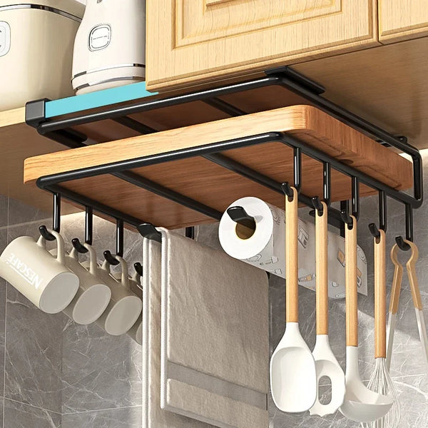 Küchen-Hängeorganizer HangPro FlexRack | Unterbau-Regal mit Haken | Für Schneidebretter, Tücher, Deckel & Küchenzubehör | 26,5×25 cm