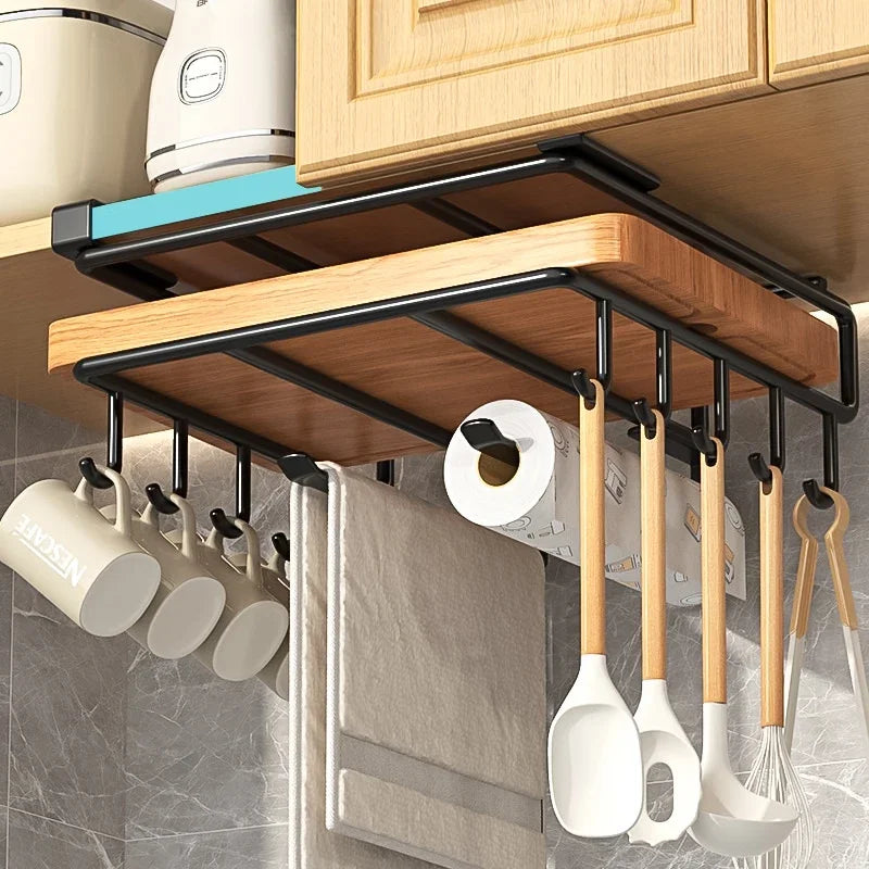 Küchen-Hängeorganizer HangPro FlexRack | Unterbau-Regal mit Haken | Für Schneidebretter, Tücher, Deckel & Küchenzubehör | 26,5×25 cm