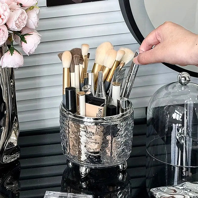 Lumora Make-up Pinsel Organizer mit Deckel | Staubdicht & Drehbar | Für Pinsel, Lippenstifte & Parfum | 360° Rotierend | Silber/Grau
