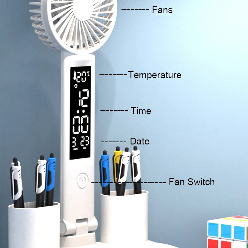 LED-Tischlampe LumiBreeze | Mit Ventilator, Uhr & 3 Lichtfarben | USB-Aufladbar | 3200 mAh Akku | Touch-Steuerung