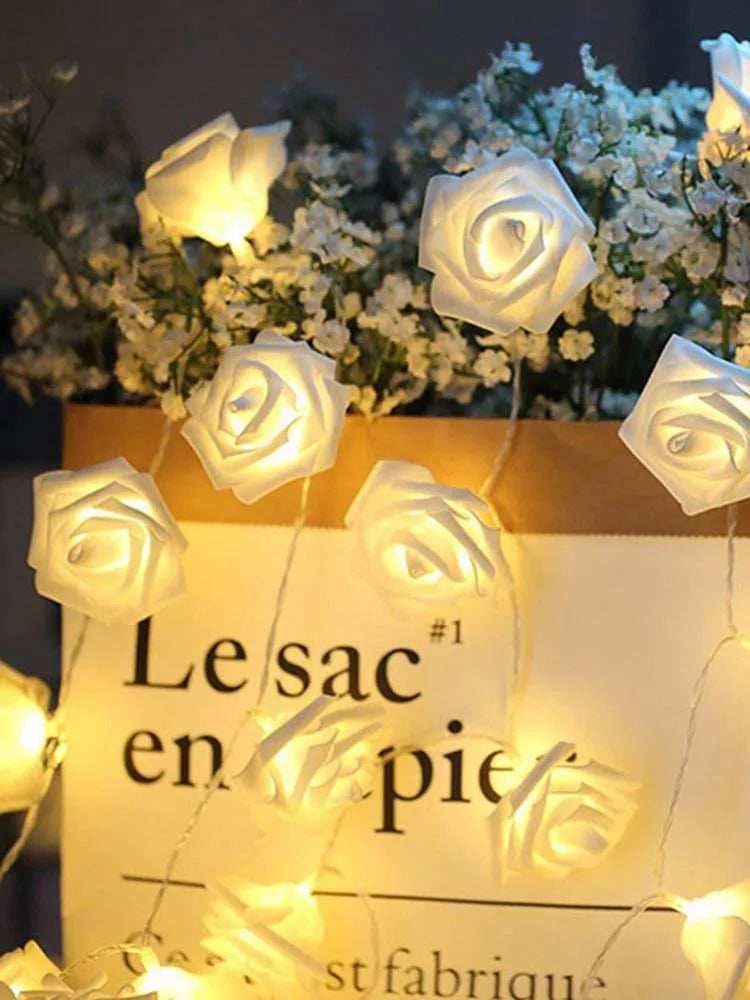 Floravera | LED Rosenlichterkette | 10/20 Warmweiße Rosenblüten | Batteriebetrieben | Romantische Deko für Hochzeit & Zuhause