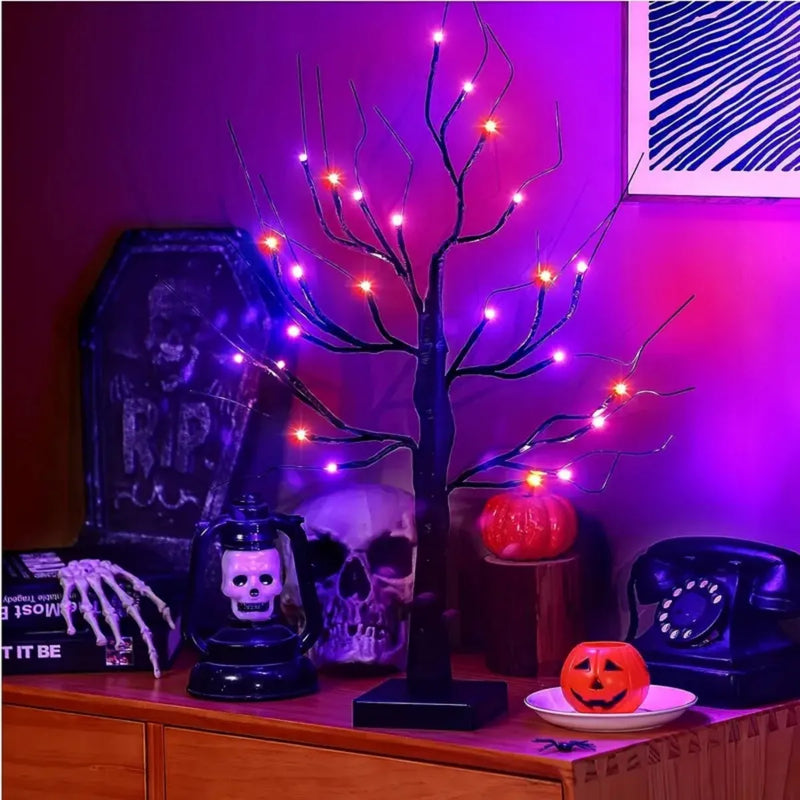 Halloween-Baum SpookyBirch | 24 LED Birkenbaum mit Schwarzästen | Orange & Lila Licht | Tischdeko für Halloween