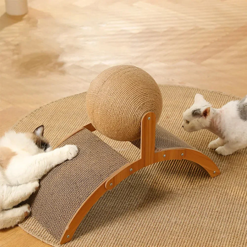 Kratzo Katzenspielzeug | 2-in-1 Kratzball & Kratzbrett | Massivholz & Sisal | Möbel-Schutz