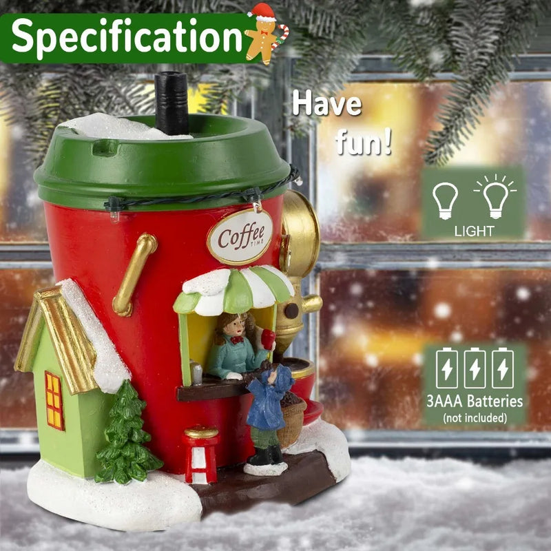 ArcticBrew Weihnachtsdorf Nordpol Kaffeehaus | LED-Beleuchtung & Figuren | Handgefertigtes Dekohaus aus Resin | Batteriebetrieben 13×10×15,5 cm