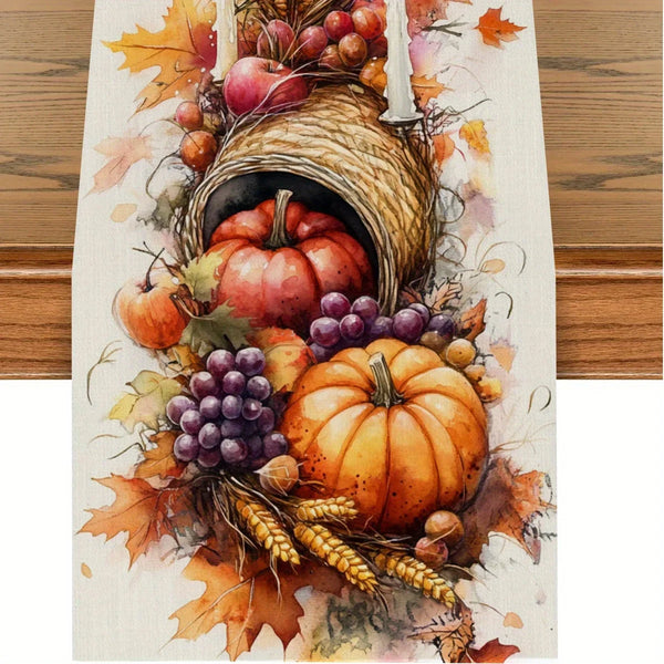 Herbst-Tischläufer HarvestCharm | Aquarell Kürbis & Früchte | Leinenoptik | Waschbar & Farbfest
