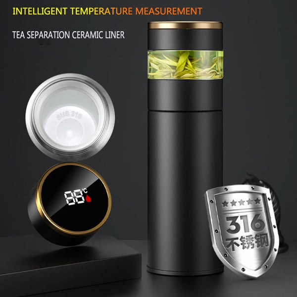 ThermoBrew | Isolierflasche mit LED-Temperaturanzeige & Teesieb | 450 ml | Edelstahl 304 | Schwarz