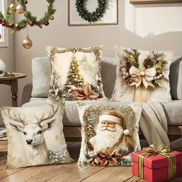 GoldenVintage Kissenbezüge 4er Set | Weihnachtsdesign mit Santa, Rentier & Schleife | Sofadeko & Wohnzimmer | 45×45 cm