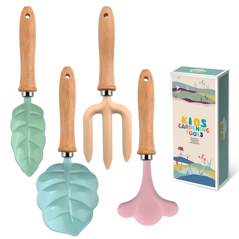 Florinella MiniGarden Kinder-Gartenset mit Blatt- & Blütendesign | Gartenschaufel, Rechen & Gabel aus Holz & Metall