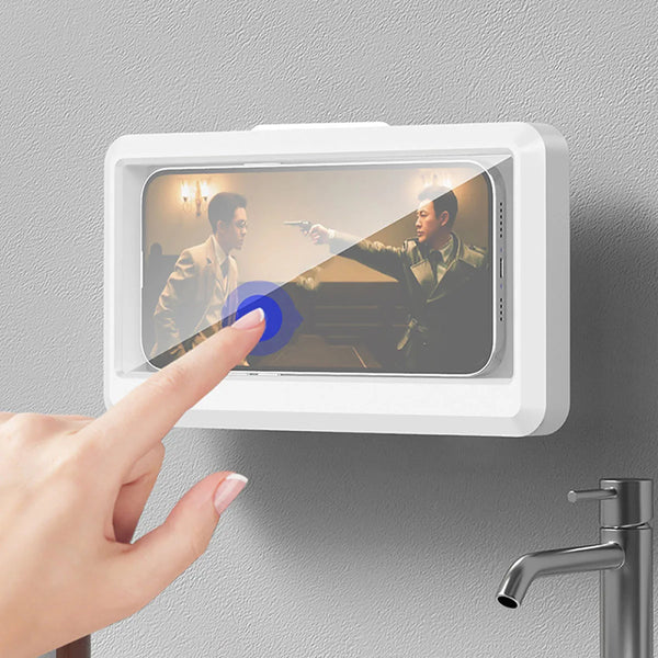 AquaView Touch | Wasserdichte Handyhalterung fürs Bad | Wandmontierte Smartphone-Box mit Touchscreen | Selbstklebend | Für Handys bis 6,8"