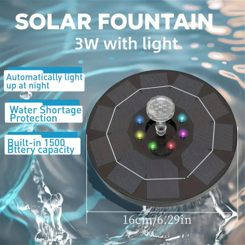 Solarbrunnen LumiFonte 3.5W | Mit RGB-LED & 6 Düsen | 1500 mAh Akku & Filtersystem | Für Vogelbad, Teich & Garten