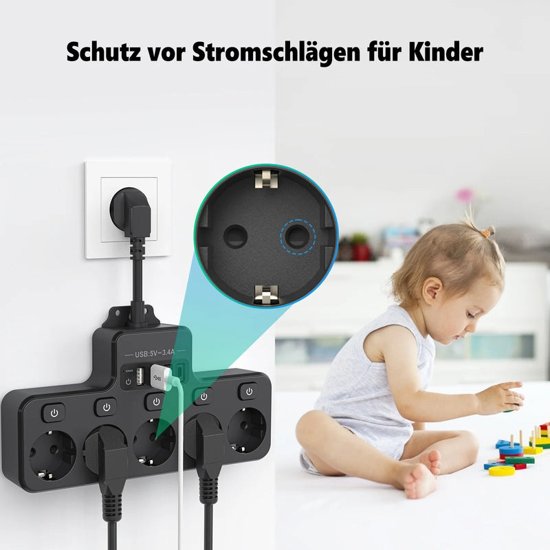 Voltaro Pro 9-in-1 | Steckdosenleiste EU | 5 AC Steckplätze + 4 USB (2× Typ-C) | Einzelschalter | 16A | Kurz-Kabel 10 cm