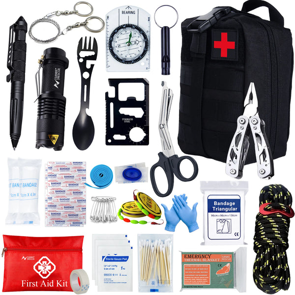 Survivora24 Notfall-Set | 24-teiliges Outdoor Survival Kit mit Erste-Hilfe-Ausrüstung | Für Wandern, Camping, Katastrophenschutz & Abenteuer