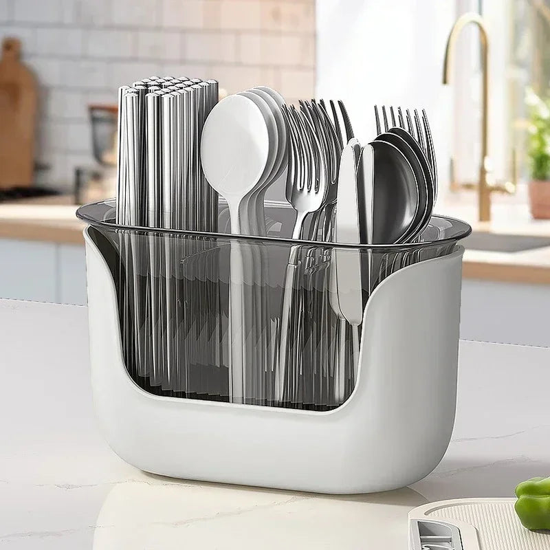 OrgaDish Besteckhalter mit Abtropfschale | 3 Fächer | Küchen-Organizer für Stäbchen & Besteck