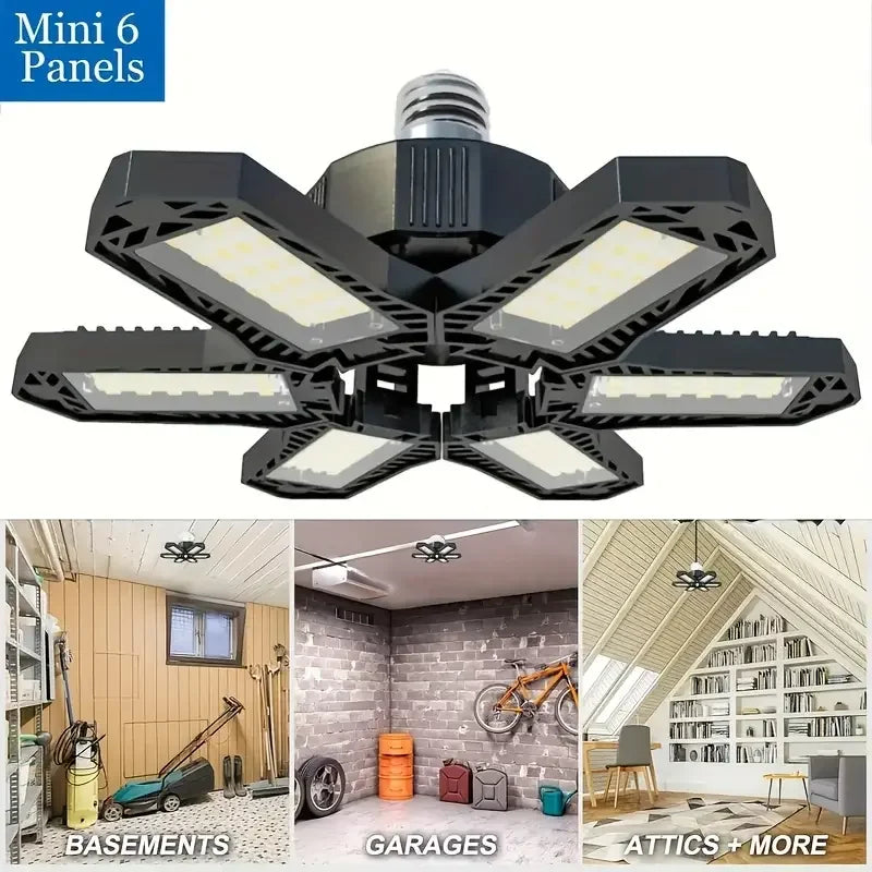 LUMIFLEX LED Garagenlampe | Faltbare Deckenleuchte mit 3–12 verstellbaren Panels | E27-Sockel | 6500K Tageslicht – Für Werkstatt, Lager & Garage